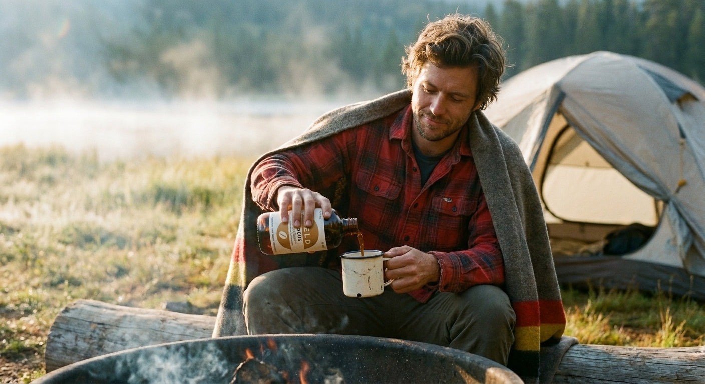 Coffee at first light on a camping morning