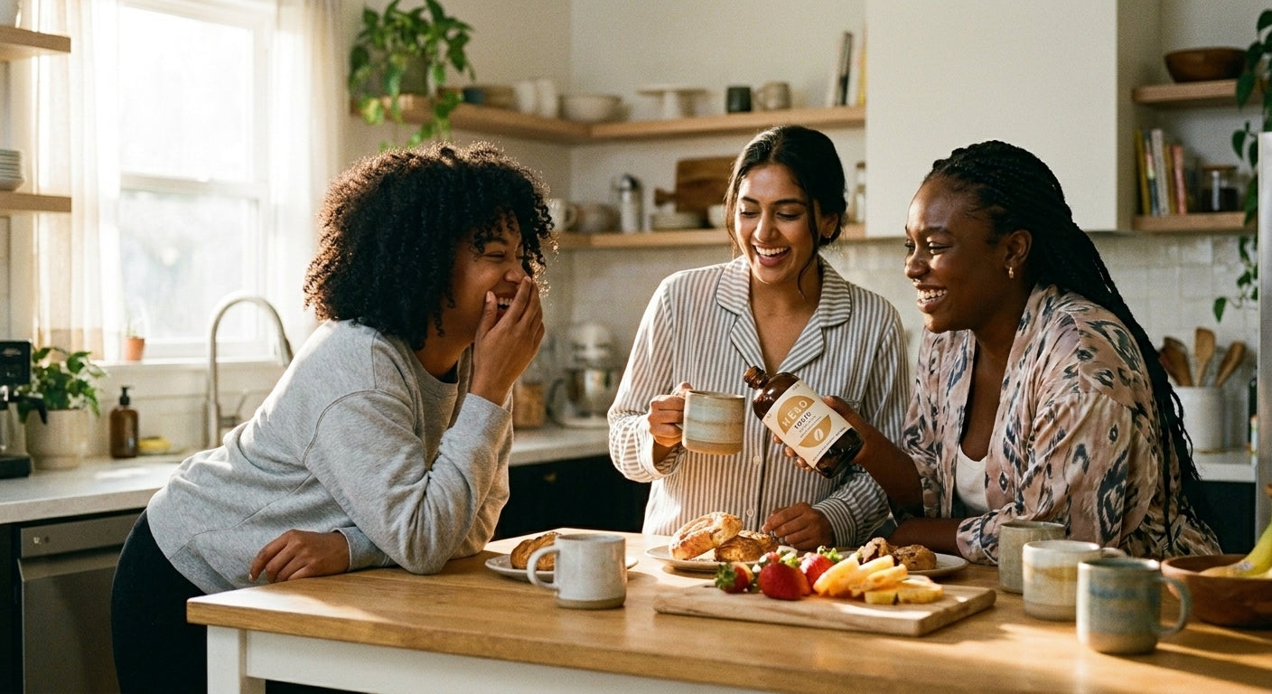 Three friends laughing over breakfast as MELD is poured into a mug