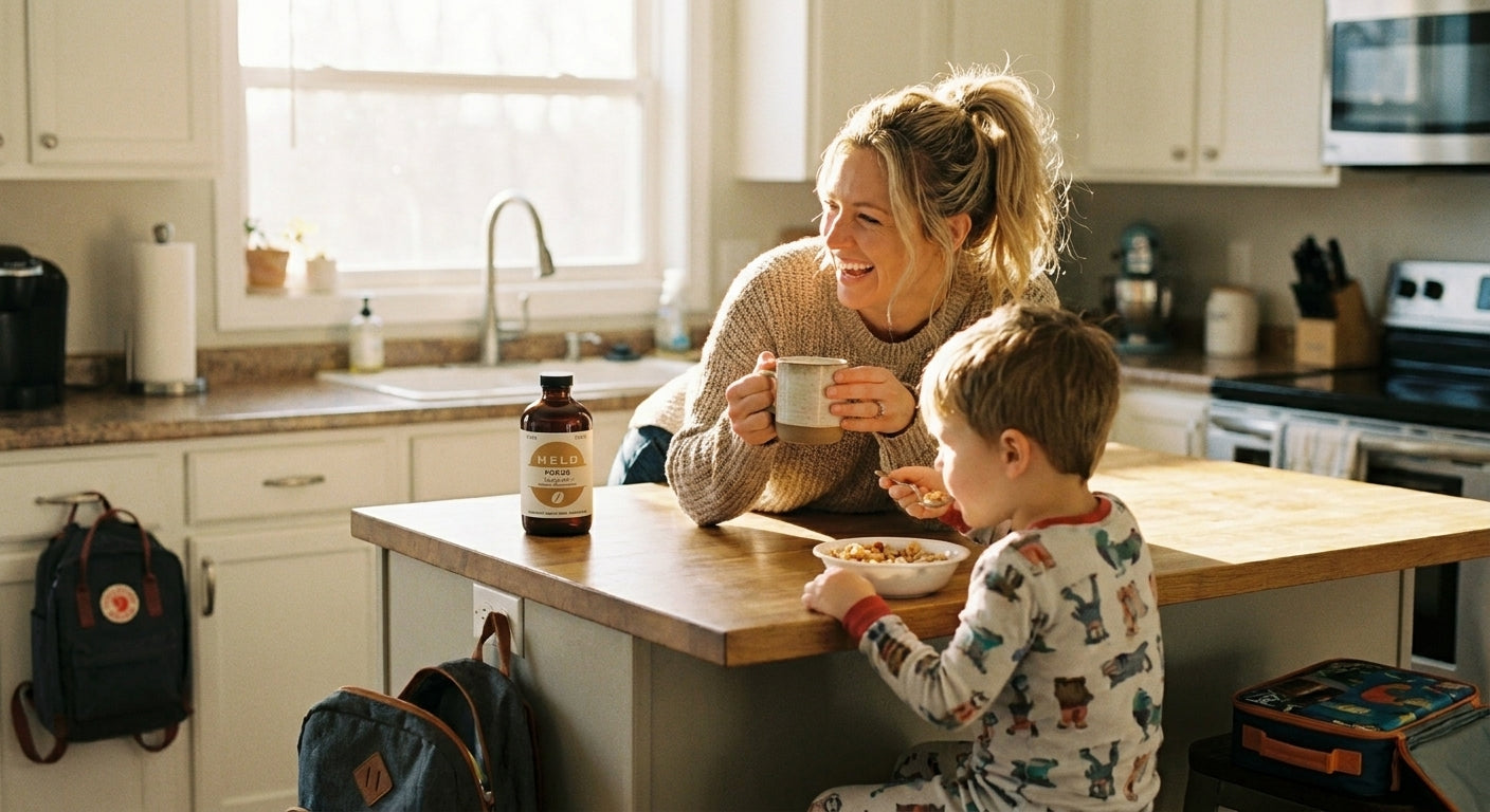 Mother and son laughing over breakfast with a MELD bottle on the counter