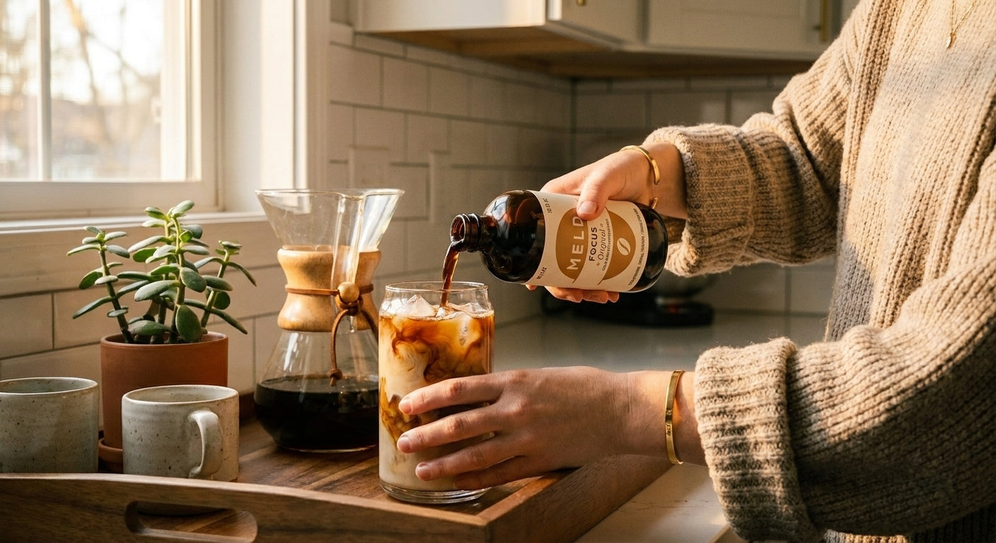Pouring MELD into an iced glass in a sunlit kitchen